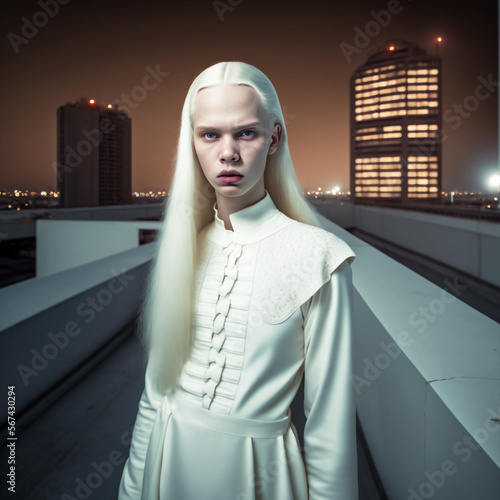 Generative ai portrait beautiful albino woman fashionable posing outdoor city looking camera glamorous.