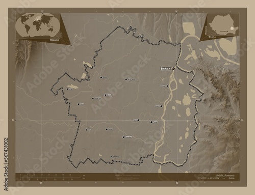 Braila, Romania. Sepia. Labelled points of cities photo