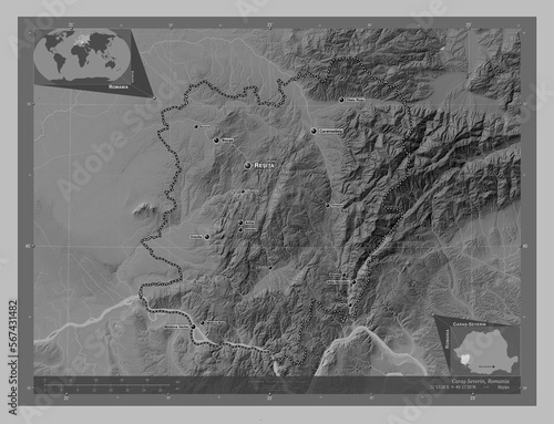 Caras-Severin, Romania. Grayscale. Labelled points of cities photo