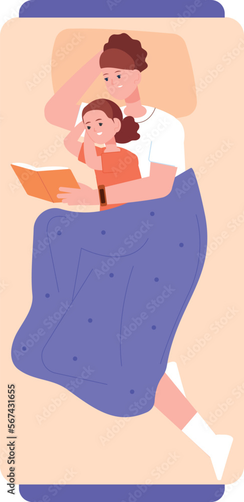Mother and daughter laying in bed and reading book. Family time together Mother and daughter laying in bed and reading book. Family time together
