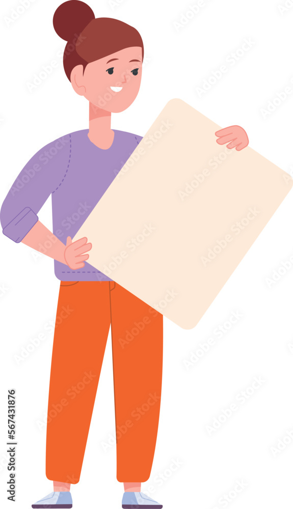 Happy girl with blank paper. Cartoon kid hold banner Happy girl with blank paper. Cartoon kid hold banner