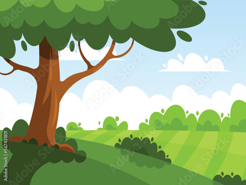 Large green tree on the background of a rural landscape. Cartoon vector illustration