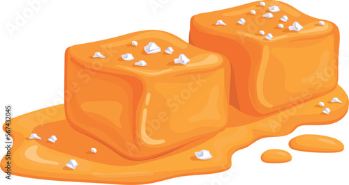 Salted caramel cubes. Melted sweet cartoon candy