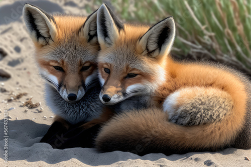 two young foxes cuddle each other. Generative AI