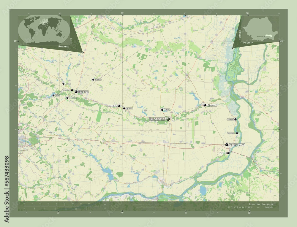 Fototapeta premium Ialomita, Romania. OSM. Labelled points of cities
