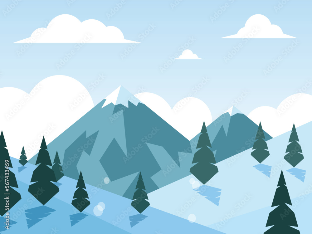 Winter coniferous forest on a background of mountains. Snow falls. Vector graphics
