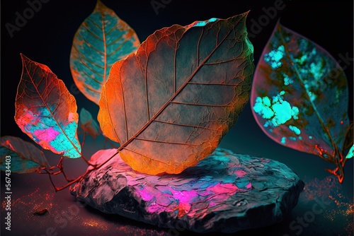  a group of leaves sitting on top of a rock next to a glowing light in the dark night sky, on a black surface, with a colorful background.  generative ai photo