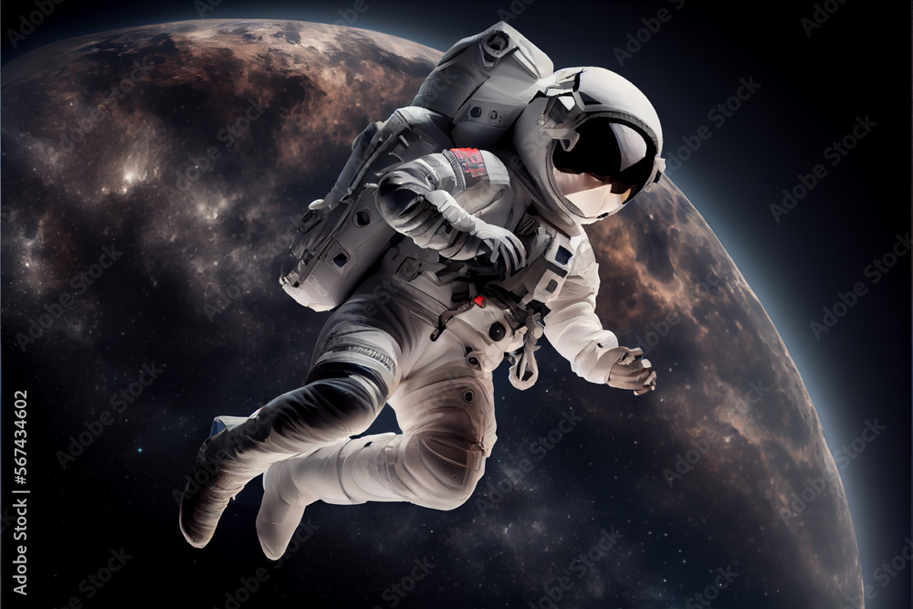 Fototapeta premium Female astronaut in space | Female cosmonaut in space | Space traveler in the space | Female astronaut from side pose in space | Generative AI | Hyper realistic | Photorealism | Digital art