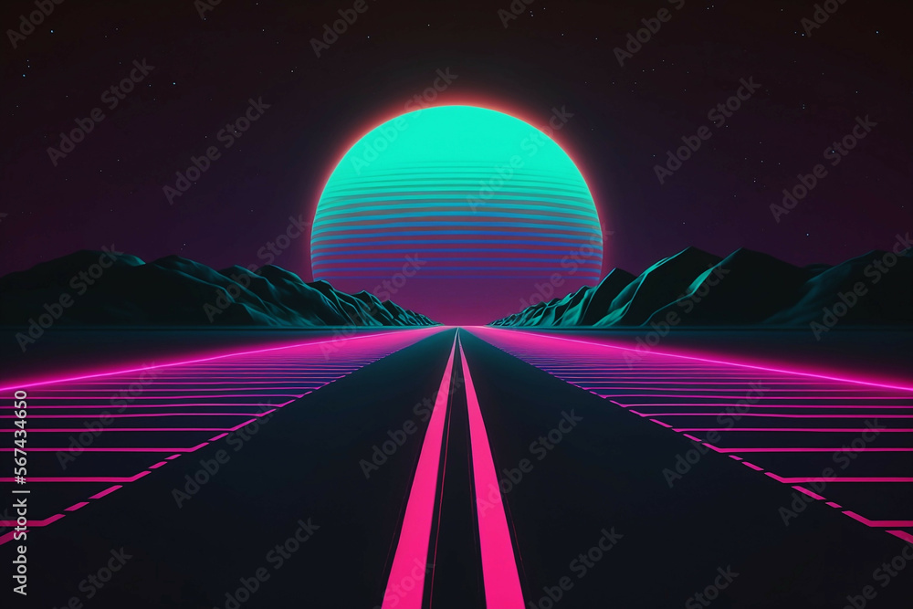 retro neon road landscape view with grid and moon - new quality universal colorful joyful technology cyberspace stock image illustration design, generative ai