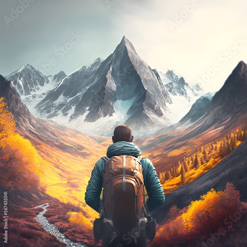 Hiker with backpack in the autumn mountains viewed from behind. Generative AI illustrations