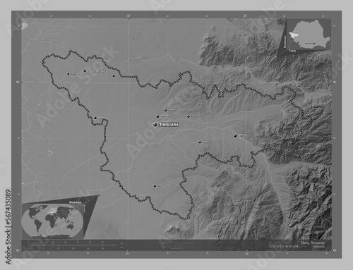 Timis, Romania. Grayscale. Labelled points of cities photo