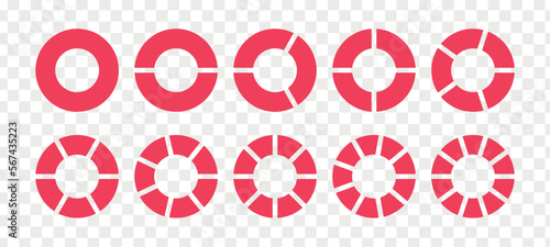 Fractions pie divided for math. Red circle pie with pieces. Segment slice set. Simple geometry. Vector isolated illustration