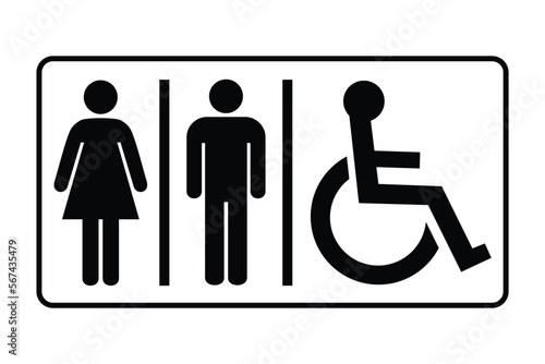 Washroom sign. Toilet sign with woman, man and disabled symbol, vector illustration