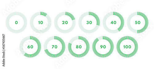 Set of green circular progress bar. Timer icon with ten percent interval. Download display. Vector illustration