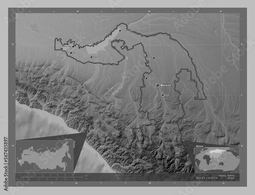 Adygey, Russia. Grayscale. Labelled points of cities photo