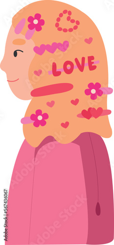 Girl with lot of hairpins vector. Valentine's day celebration. Cute hair accessories 