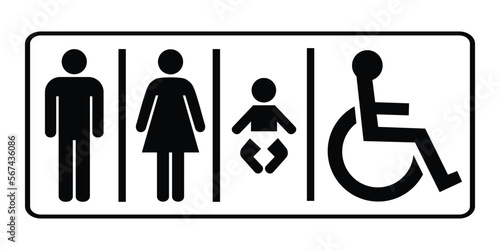 Restroom sign. Toilet sign with man, lady, baby and person with disability symbols, vector illustration