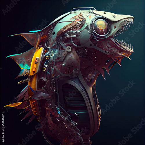 ai generated detailed 3D rendering of a robot hybrid fish animal made of metal gears and pistons   photo