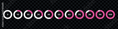 Set of pink circular progress bar. Timer icon with ten percent interval. Download display. Vector illustration