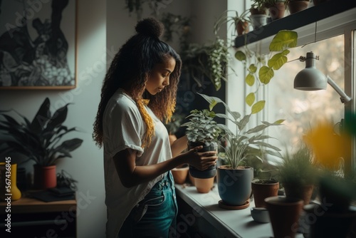 Young women surrounded by plants in her home © Charlie