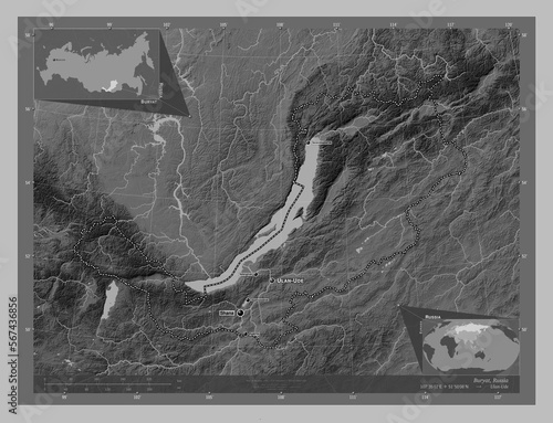 Buryat, Russia. Grayscale. Labelled points of cities photo