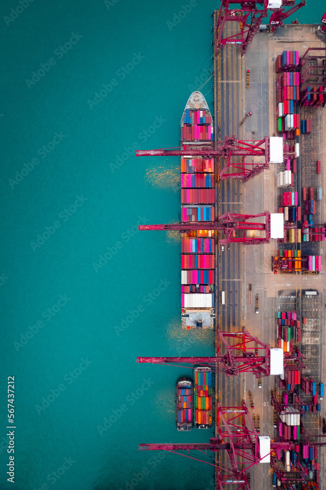 Hong Kong commercial port and its millions of containers on container ships - obrazy, fototapety, plakaty 