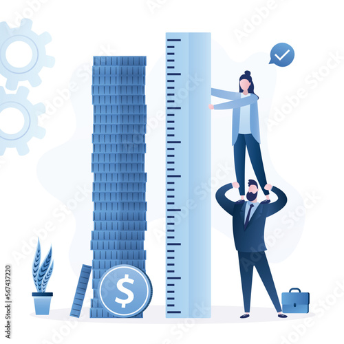 Teamwork, group of entrepreneurs use large ruler and measure size of profit. Company received big profit, business analytics, company development strategy. Risk management. Growth earnings.