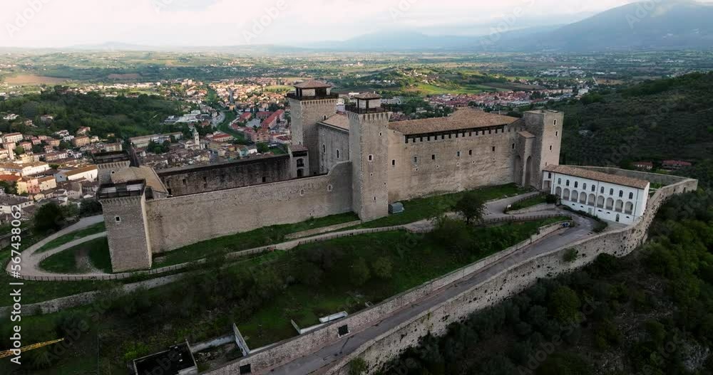 Remarkable Architecture Of Rocca Albornoziana Fortress In Spoleto, Umbria, Italy. Aerial Drone Shot Remarkable Architecture Of Rocca Albornoziana Fortress In Spoleto, Umbria, Italy. Aerial Drone Shot