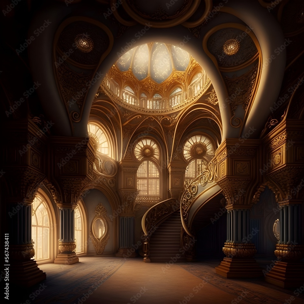 Fantasy palace interior with golden decor and castle like features. Generative AI illustrations