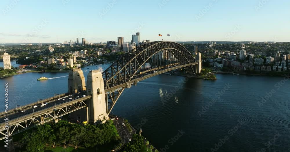 Aerial Panoramic View Of Sydney Harbour Bridge With Many Cars Passing During Peak Hour. Sydney, Australia. - Drone Aerial Aerial Panoramic View Of Sydney Harbour Bridge With Many Cars Passing During Peak Hour. Sydney, Australia. - Drone Aerial