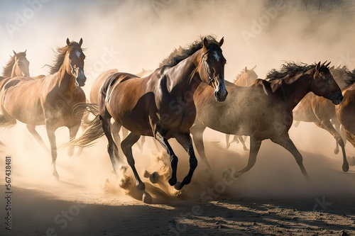 Yılkı Horses in Kayseri Turkey: Wild Horses Running and Kicking Up Dust. Photo AI