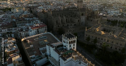 Flying Towards Catedral de Sevilla In Seville, Spain At Sunrise - drone shot photo