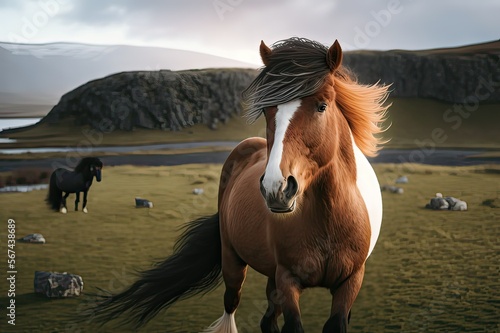 Capturing the Beauty of a Brown Icelandic Horse on a Meadow in Iceland. Photo AI