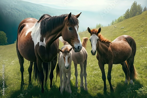 Majestic Sight of Mother Mare and Her Foals Grazing in a Meadow of Horses. Photo AI