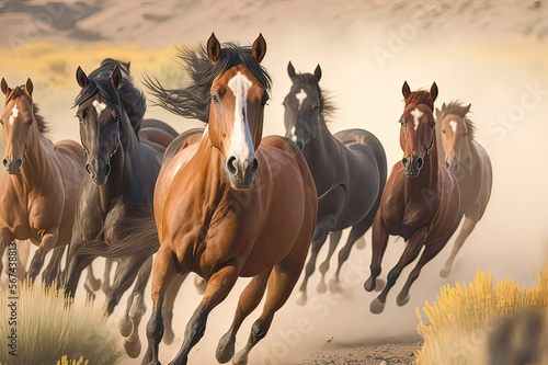 Tela Beautiful Herd of Young Wild Horses Running in Warm Evening Light
