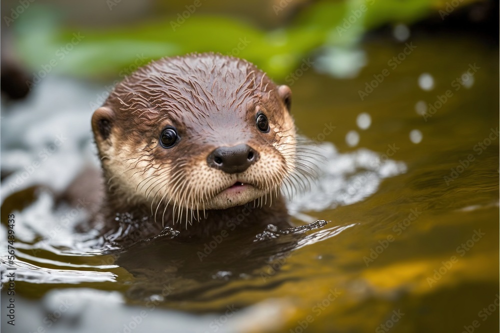 an otter is swimming in the water with his head above the water's surface and looking up at the camera man's eye. generative ai an otter is swimming in the water with his head above the water's surface and looking up at the camera man's eye. generative ai