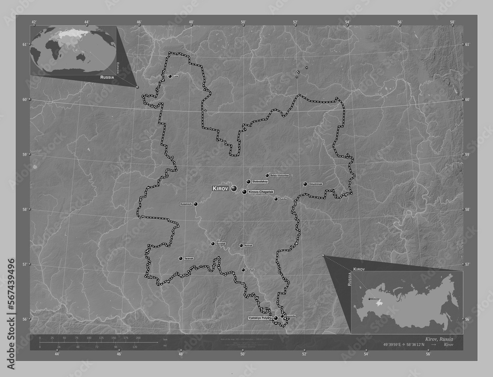 Kirov, Russia. Grayscale. Labelled points of cities - obrazy, fototapety, plakaty 