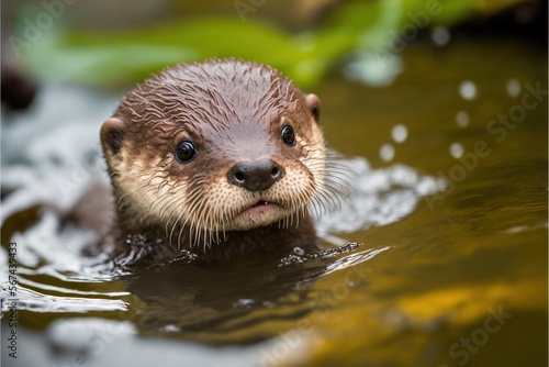  an otter is swimming in the water with his head above the water's surface and looking up at the camera man's eye. generative ai