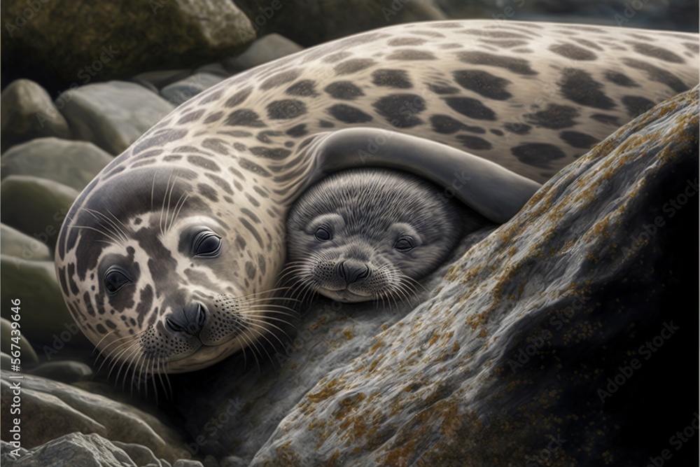  a couple of sealions laying on top of a rock covered in rocks and water next to a rock pile with rocks and water in the background.  generative ai