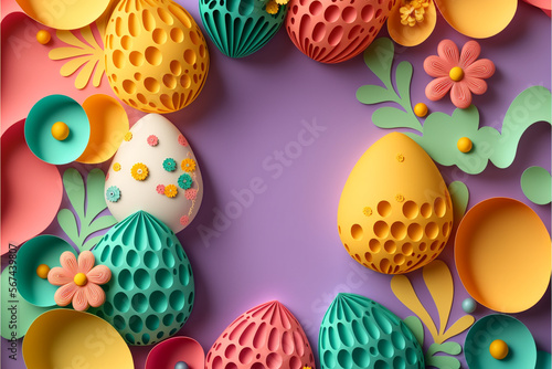 Easter paper cut eggs. Photo realistic background. Generative AI
