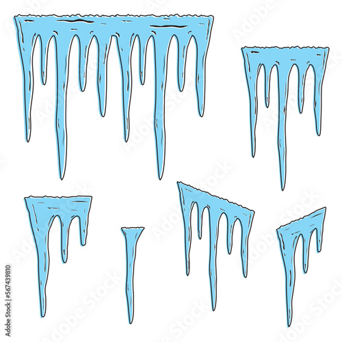 Ice texture. Icicles isolated on white. Seamless icicles line border. Vector design element.