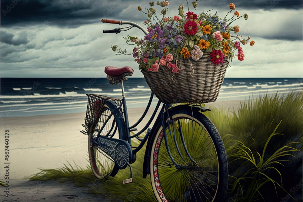  a painting of a bicycle with a basket full of flowers on the beach with a stormy sky in the background and a beach grass area with grass and flowers.  generative ai