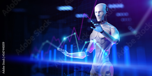Robotic data analysis automation trading robot. Business finance technology concept. 3d render.