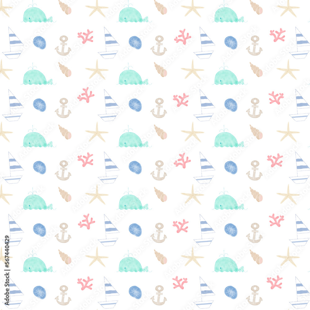 Summer seamless pattern with yacht, whale and shell. Cute hand-drawn summer pattern. Summer seamless pattern with yacht, whale and shell. Cute hand-drawn summer pattern.