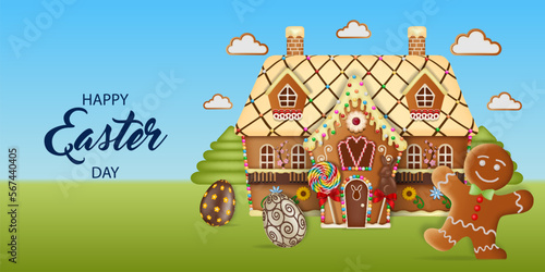 easter background with gingerbread cookies and chocolate eggs. spring landscape with easter eggs and gingerbread house