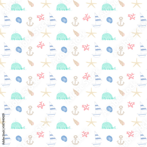 Summer seamless pattern with yacht, whale and shell. Cute hand-drawn summer pattern.