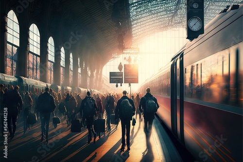  a group of people walking towards a train at a train station with a clock on the wall and a train on the tracks in the background.  generative ai