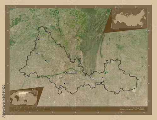 Orenburg, Russia. Low-res satellite. Labelled points of cities photo