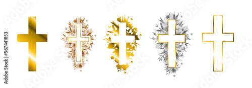 Watercolor Floral Cross Clipart - Golden and White Lily Religious Illustrations for Easter, Baptism, and Wedding Designs