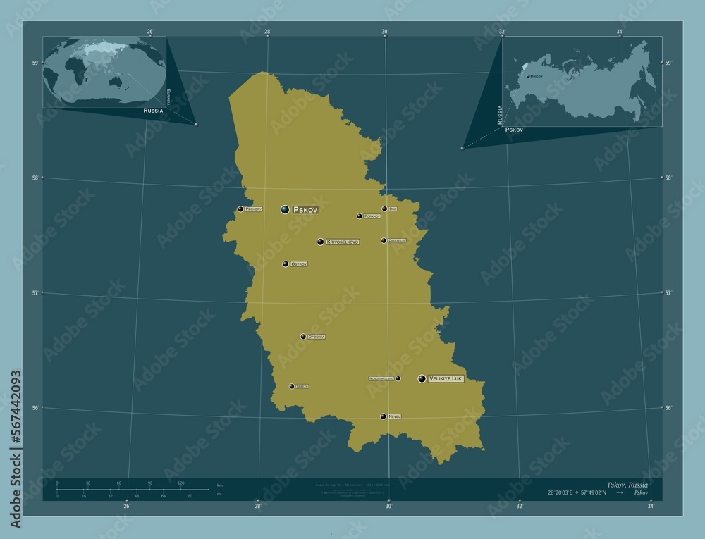 Pskov, Russia. Solid. Labelled points of cities